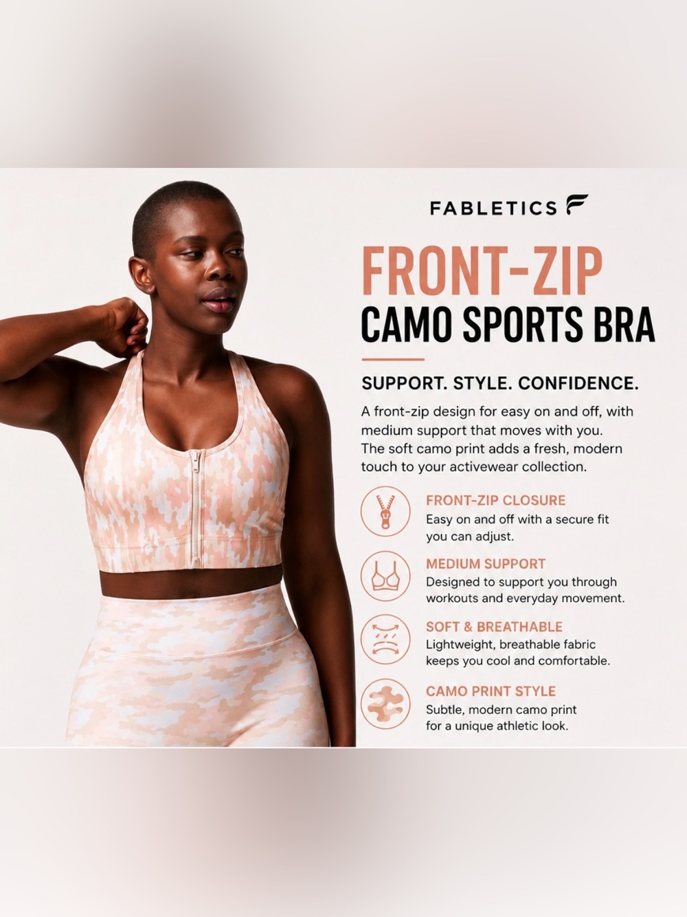 Fabletics Medium Front-Zip Camo Sports Bra